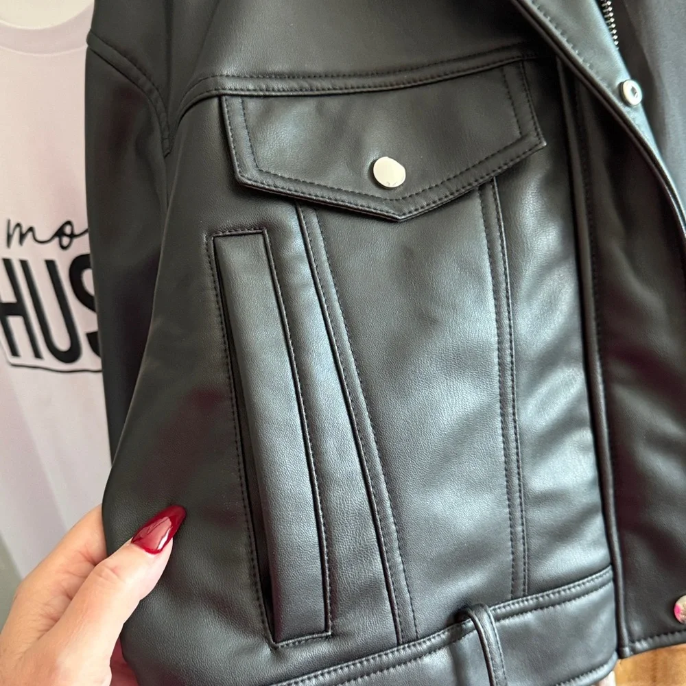 NWT ZARA Black Faux Leather Crop Jacket SZ Large - Picture 4 of 7